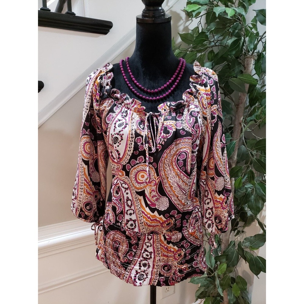 Milano Women's Multicolor Paisley Polyester Round Neck Long Sleeve Top Blouse M